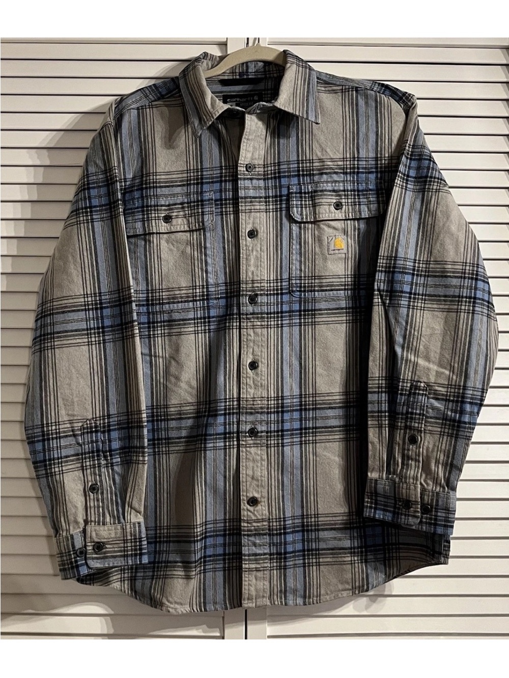 Carhartt Men’s Gray and Blue Plaid Button-Down Loose Fit Work Shirt